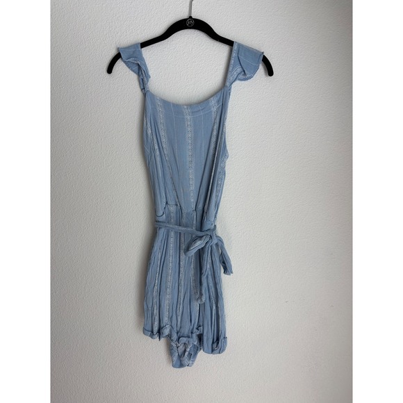 Amaryllis Pants - Amaryllis Blue White Striped Ruffle Strap Tie Waist Romper Small Boho Summer